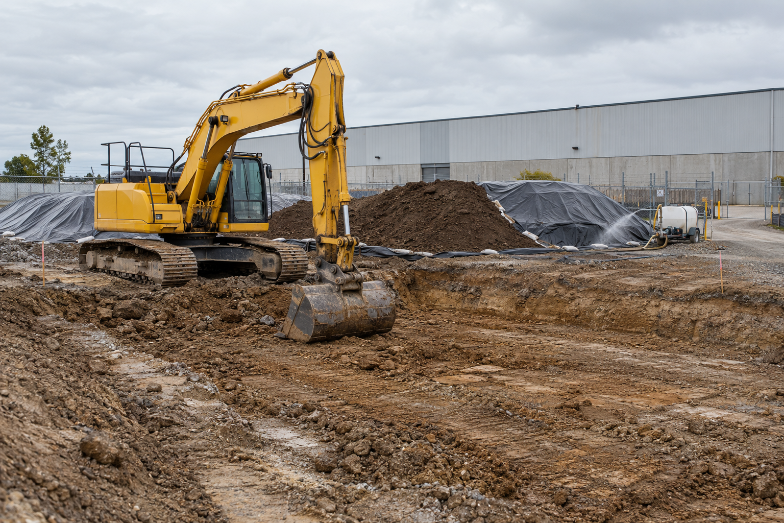 Illustrative excavator and soil handling at an industrial site